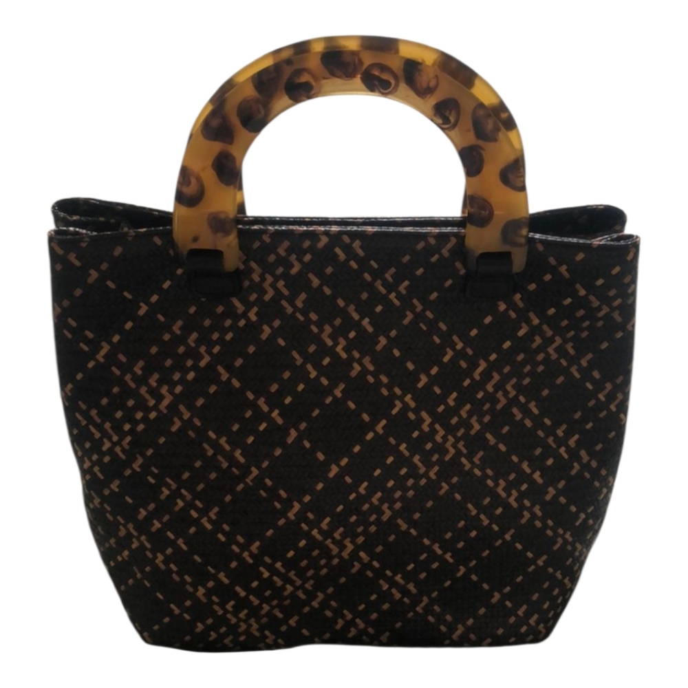 Talbots Woven Straw Tan Brown Handbag Tote Tortoise Shell Plastic Handles